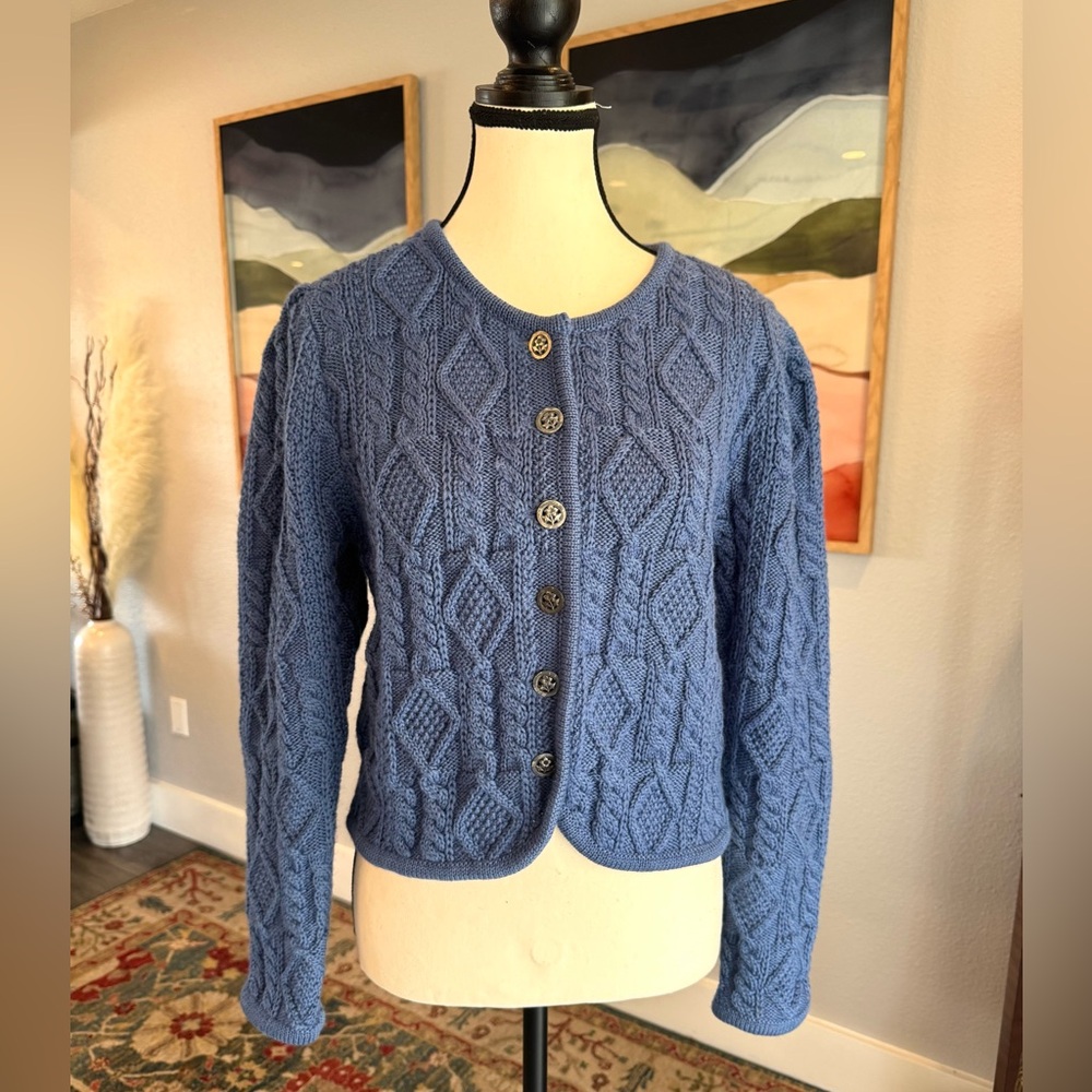 Blue Cable Knit Button-Front Cardigan Sweater